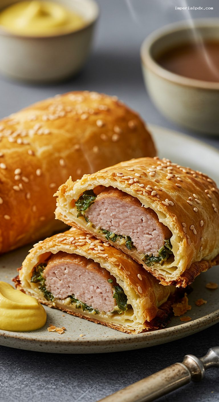 Herby Pork Sausage Rolls with Puff Pastry – Closeup