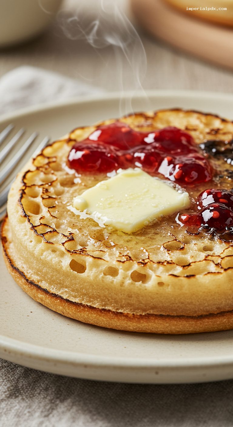 Homemade Crumpets with Butter and Jam – Closeup