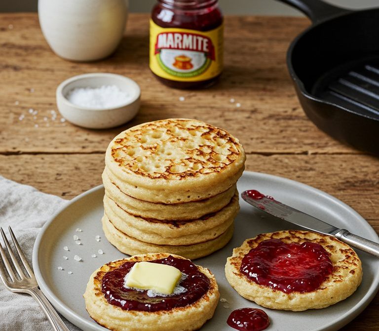 Homemade Crumpets with Butter and Jam