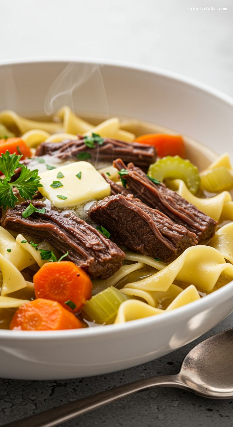 Homestyle Beef Shank Noodle Soup with Butter and Parsley – Closeup