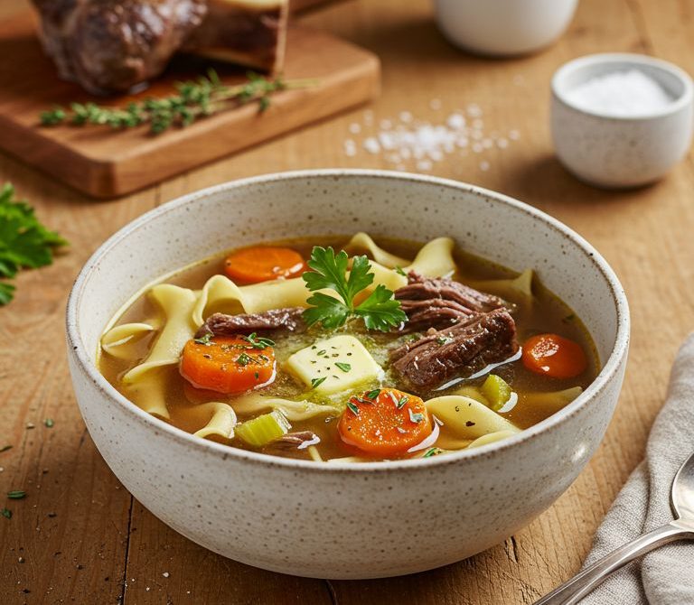 Homestyle Beef Shank Noodle Soup with Butter and Parsley