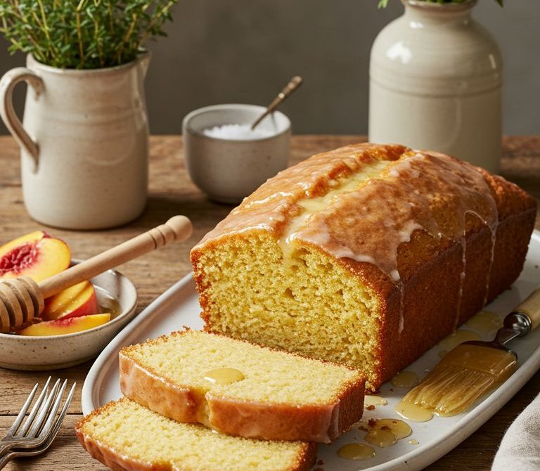 Honey-Butter Cornmeal Pound Cake with Macerated Peaches