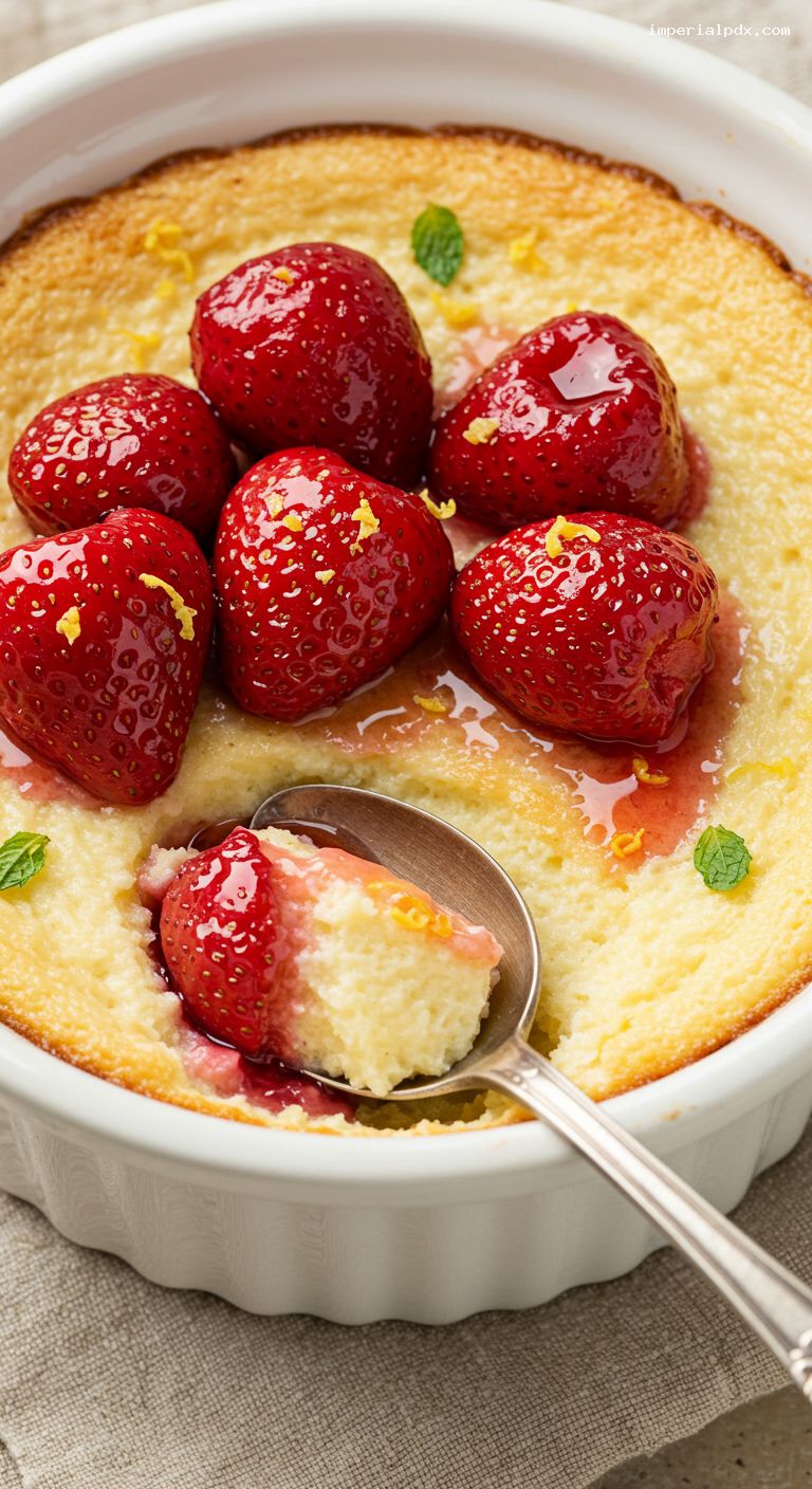 Honey-Vanilla Baked Custards with Roasted Strawberries – Closeup