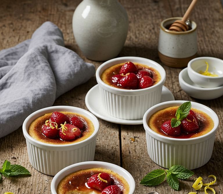 Honey-Vanilla Baked Custards with Roasted Strawberries