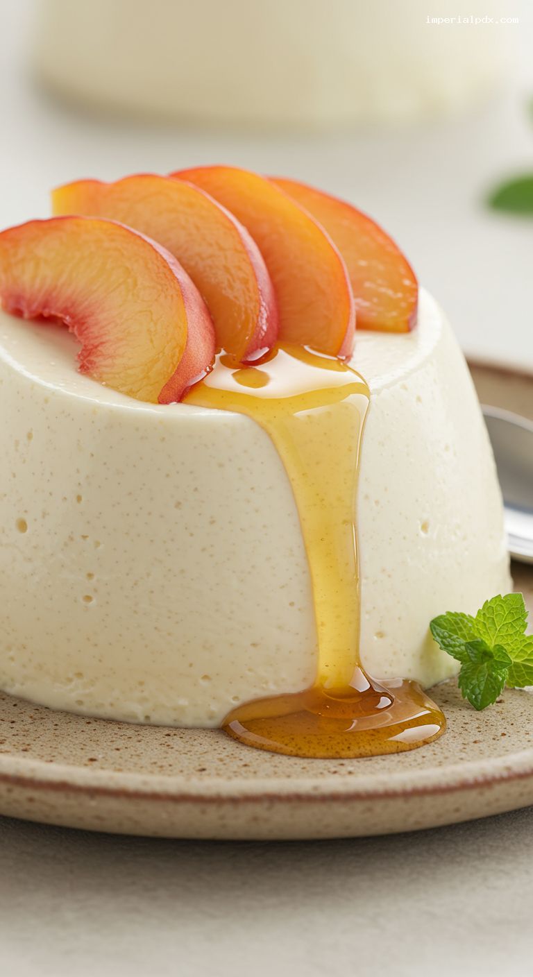 Honey-Vanilla Panna Cotta with Macerated Peaches – Closeup