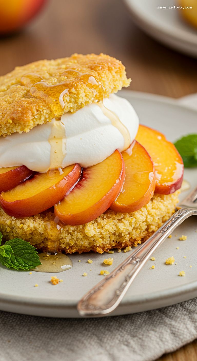 Honeyed Cornbread Peach Shortcakes with Vanilla Cream – Closeup