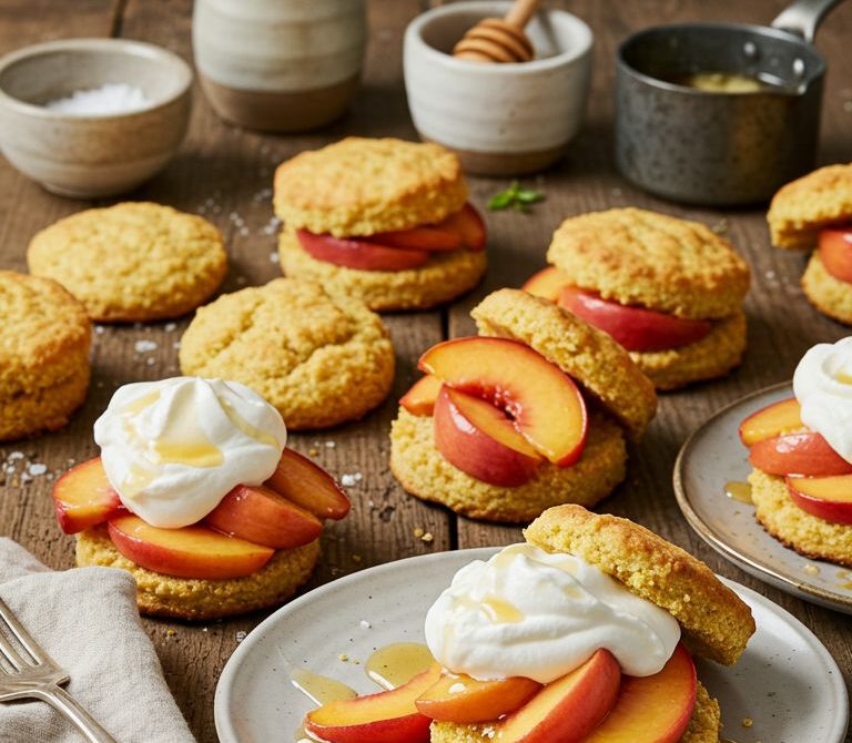 Honeyed Cornbread Peach Shortcakes with Vanilla Cream