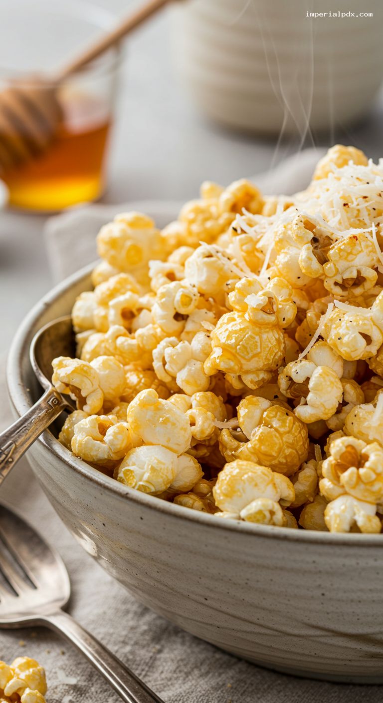 Hot Honey Parmesan Popcorn – Closeup
