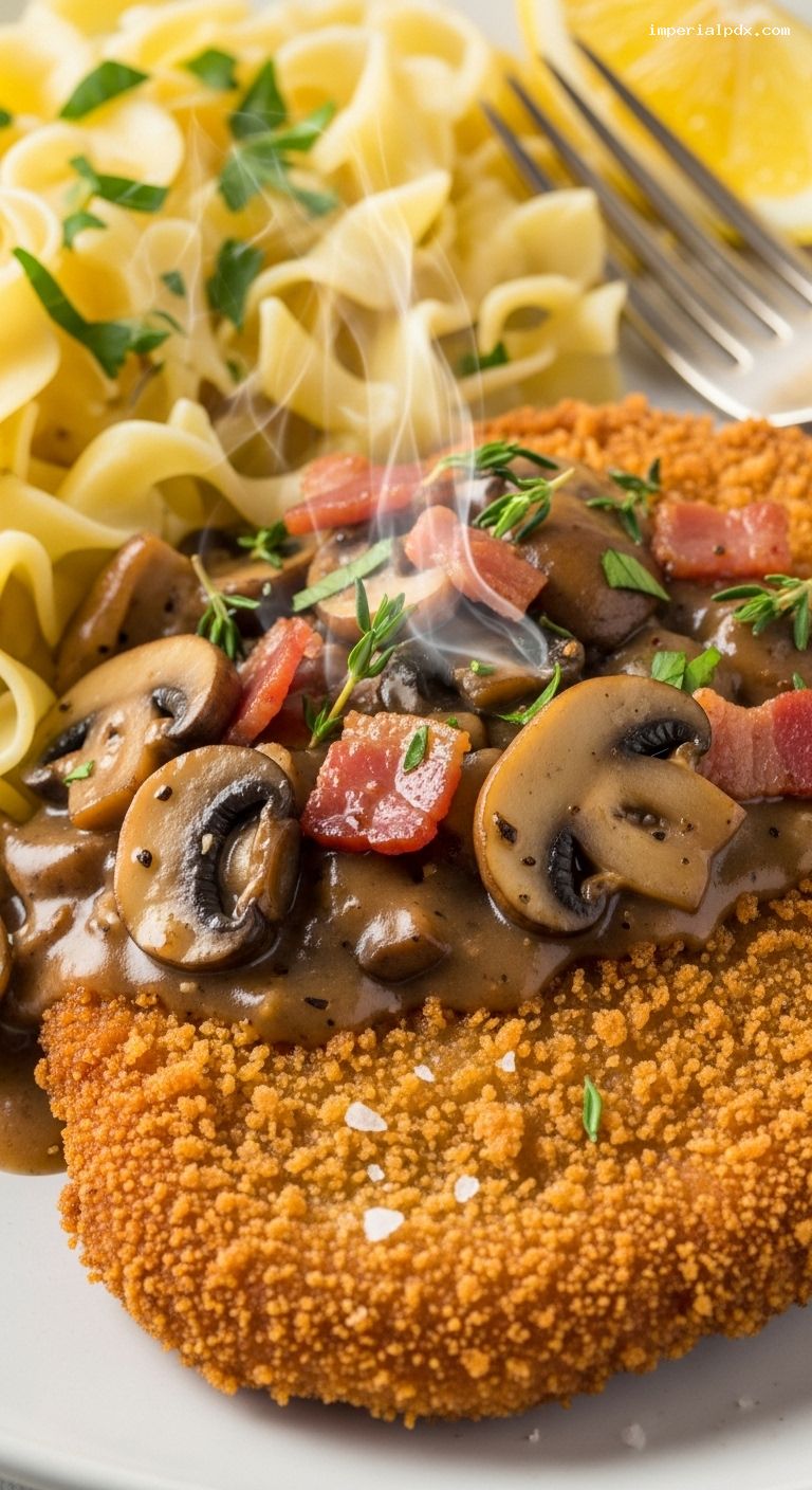 Jägerschnitzel with Mushroom-Bacon Gravy and Buttered Noodles – Closeup