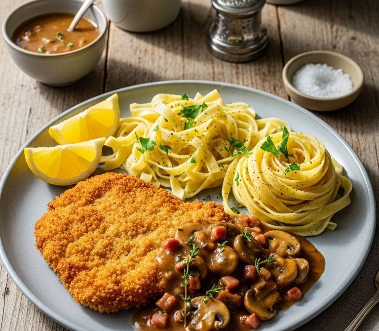 Jägerschnitzel with Mushroom-Bacon Gravy and Buttered Noodles