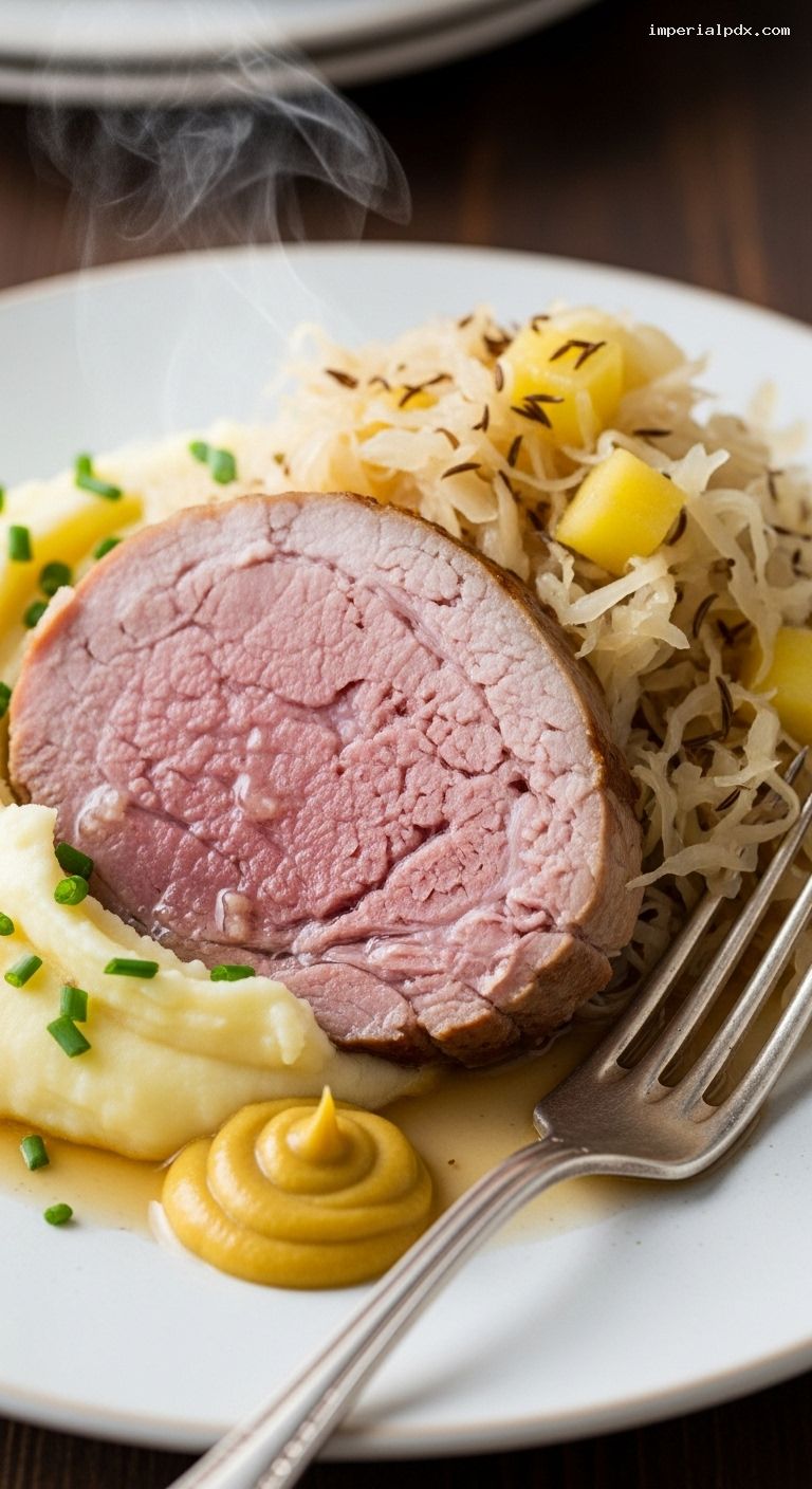 Kasseler with Sauerkraut and Mashed Potatoes – Closeup