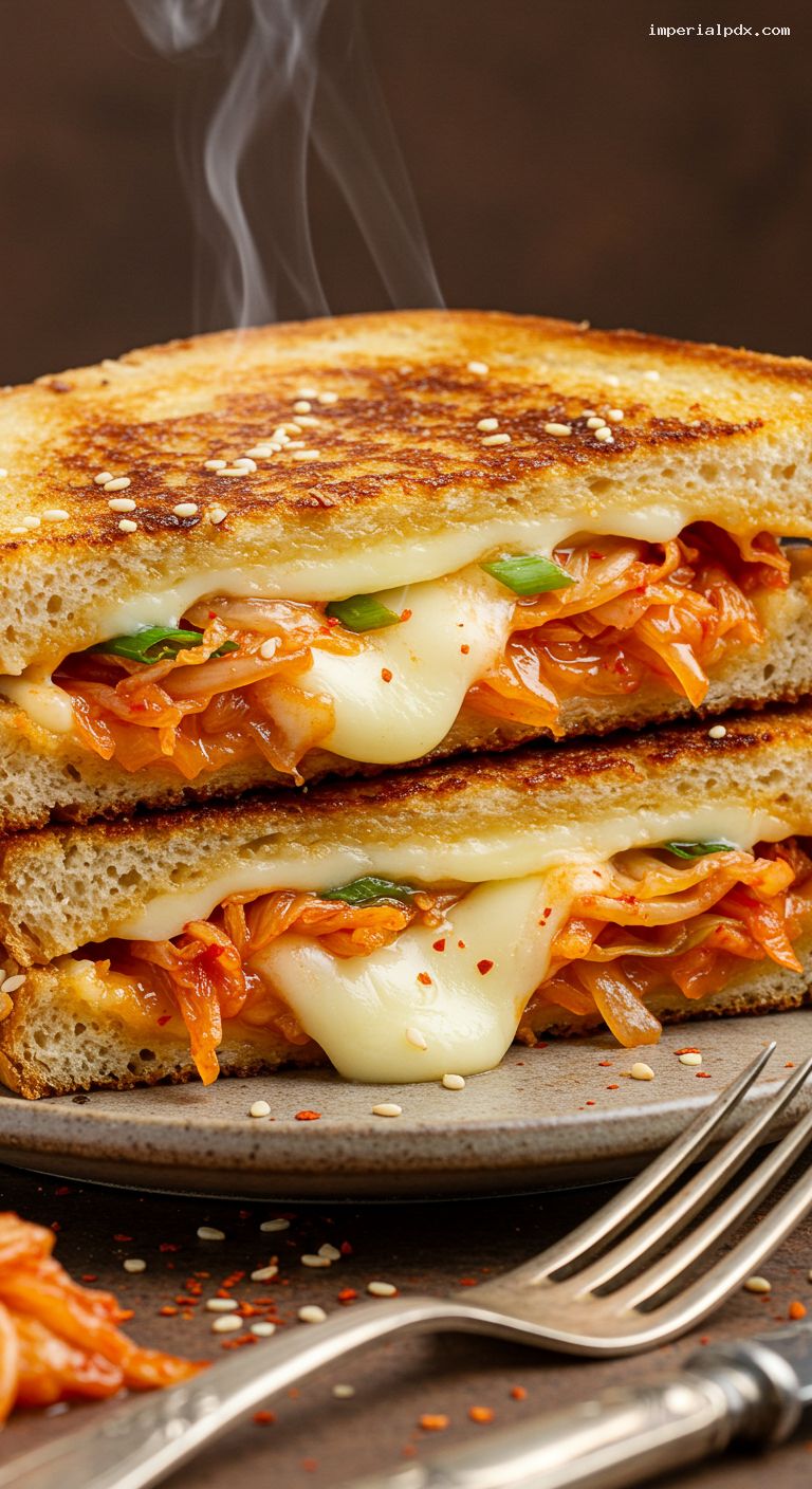 Kimchi Grilled Cheese with Melty American and Mozzarella – Closeup