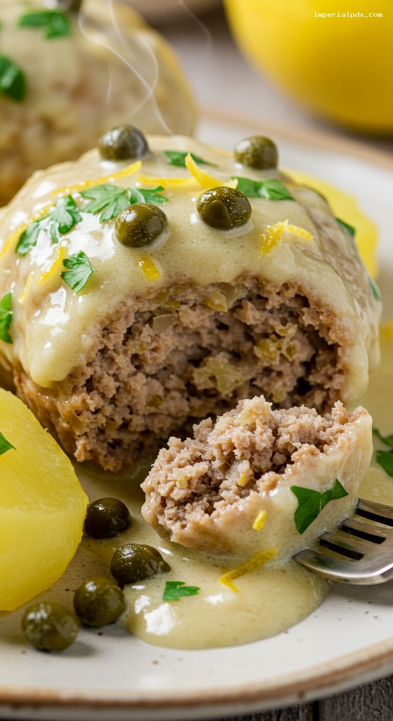 Königsberger Klopse in Lemony Caper Cream Sauce – Closeup