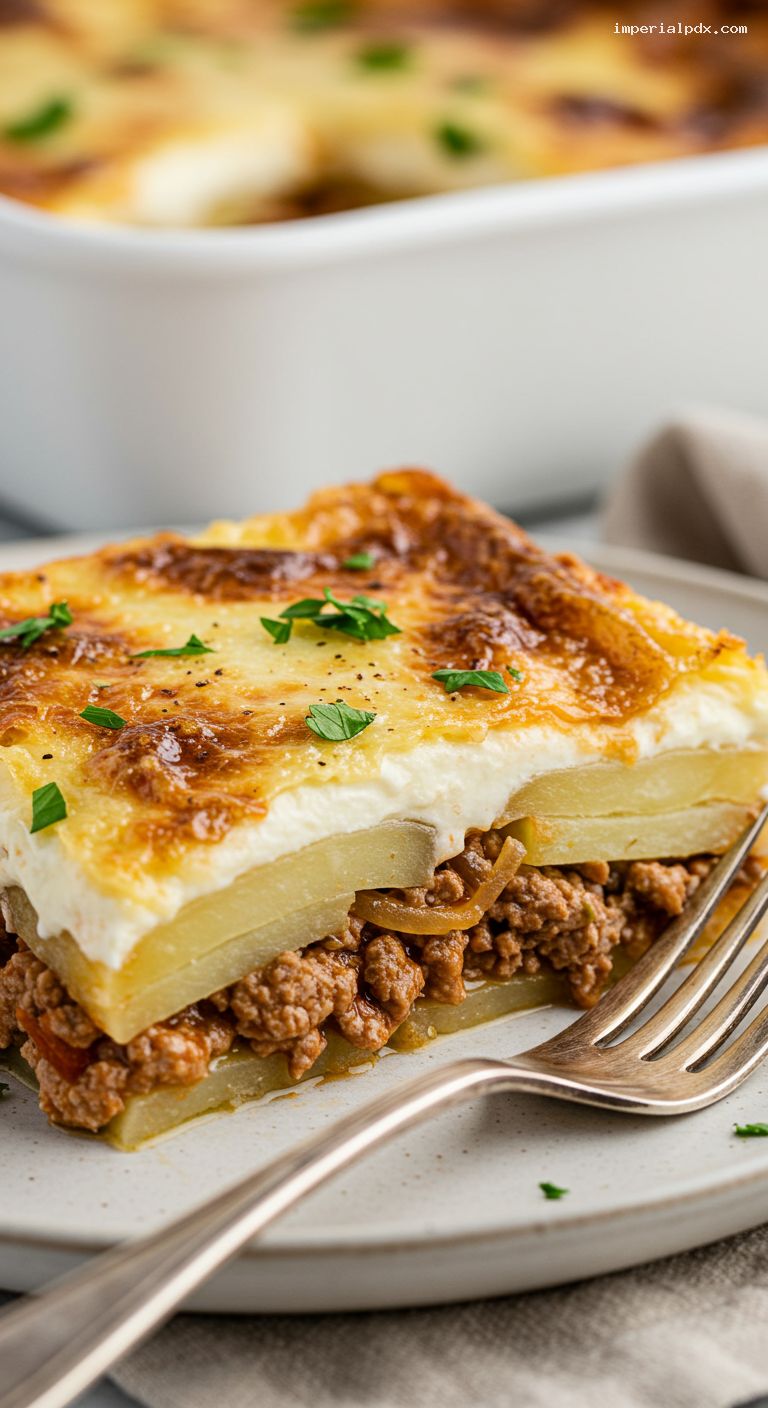 Lamb and Potato Moussaka with Nutmeg Béchamel – Closeup