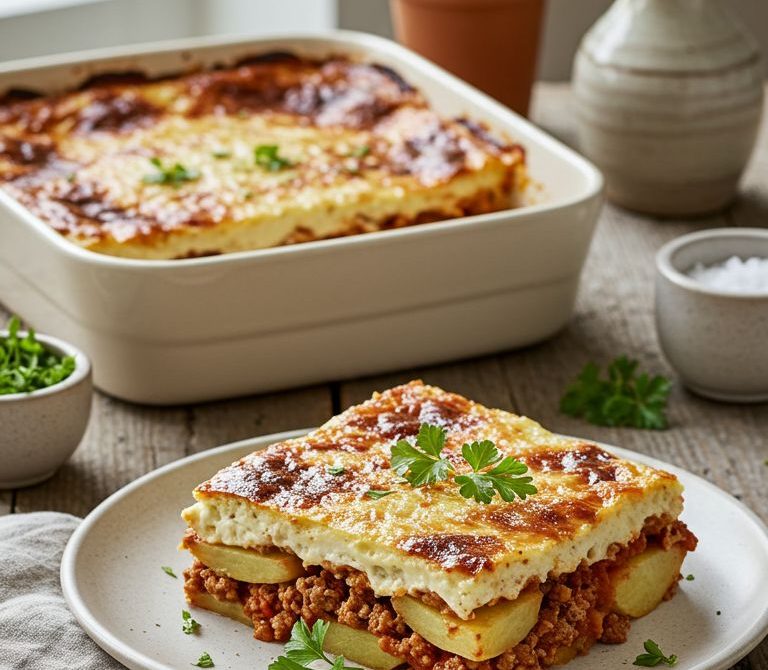 Lamb and Potato Moussaka with Nutmeg Béchamel