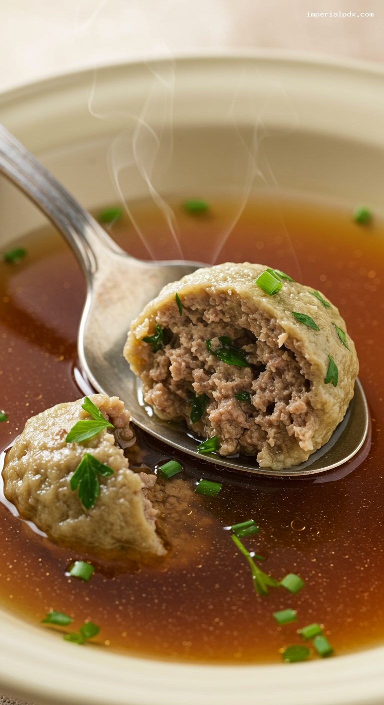 Leberknödelsuppe: Marjoram Liver Dumplings in Beef Broth – Closeup