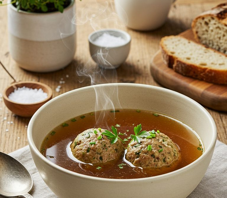 Leberknödelsuppe: Marjoram Liver Dumplings in Beef Broth