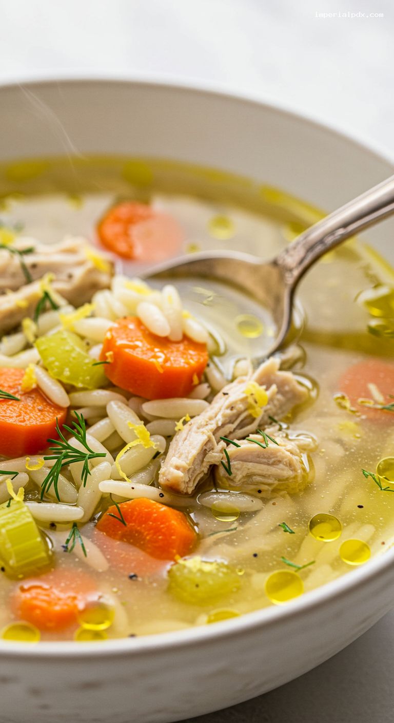 Lemon-Herb Chicken Orzo Soup – Closeup