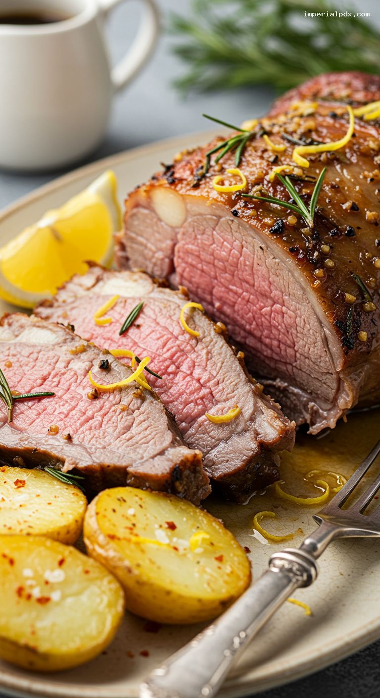 Lemon-Herb Roasted Leg of Lamb with Pan Drippings – Closeup