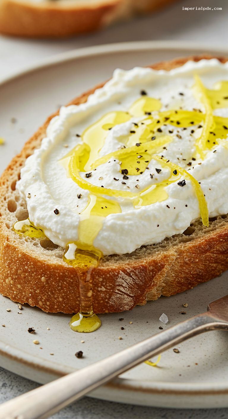 Lemon Pepper Ricotta Toast with Honey and Zest – Closeup
