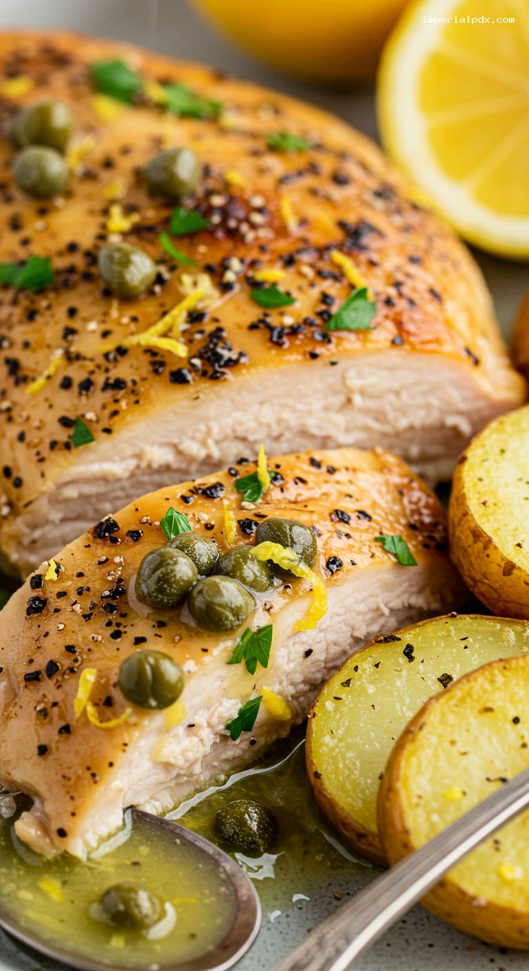 Lemon-Pepper Spatchcock Chicken with Potatoes and Onions – Closeup