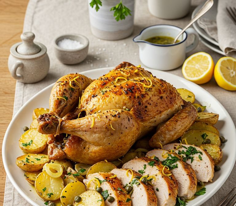 Lemon-Pepper Spatchcock Chicken with Potatoes and Onions