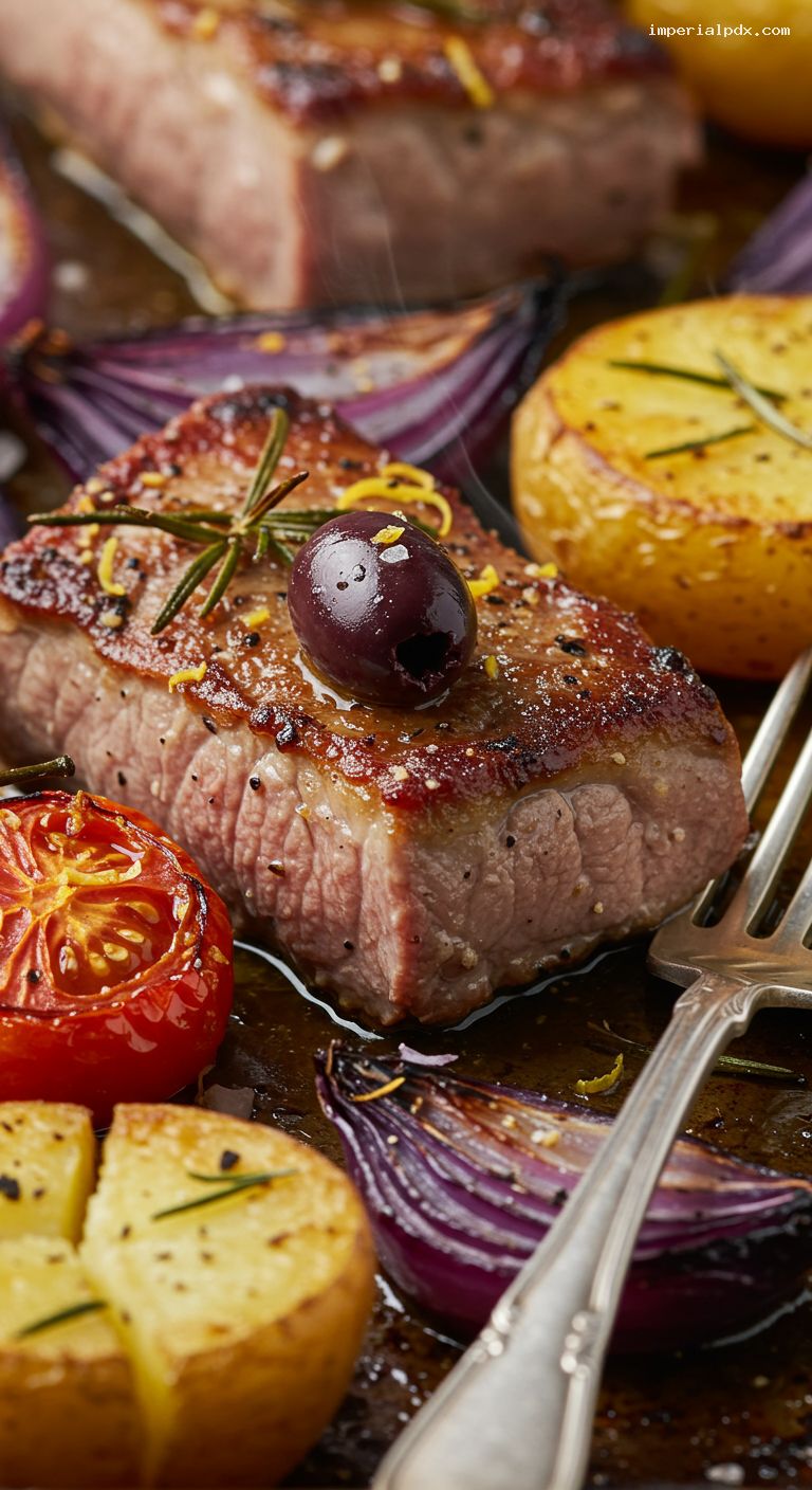 Lemon-Rosemary Lamb Tray Bake with Potatoes and Olives – Closeup