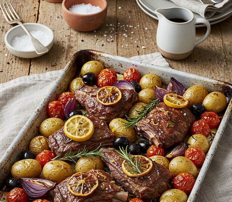 Lemon-Rosemary Lamb Tray Bake with Potatoes and Olives
