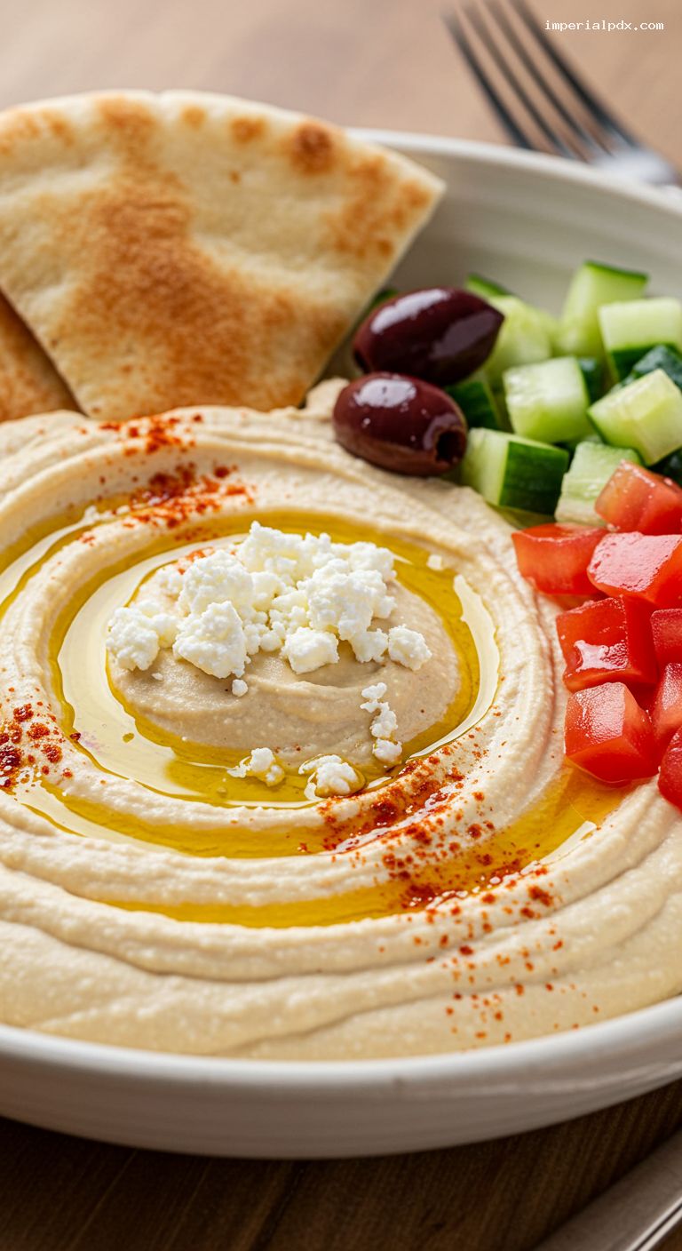 Loaded Hummus Bowl with Feta and Olives – Closeup