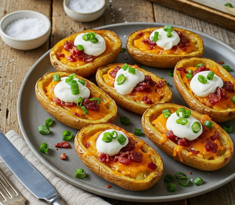 Loaded Potato Skins with Cheddar, Bacon, and Scallions