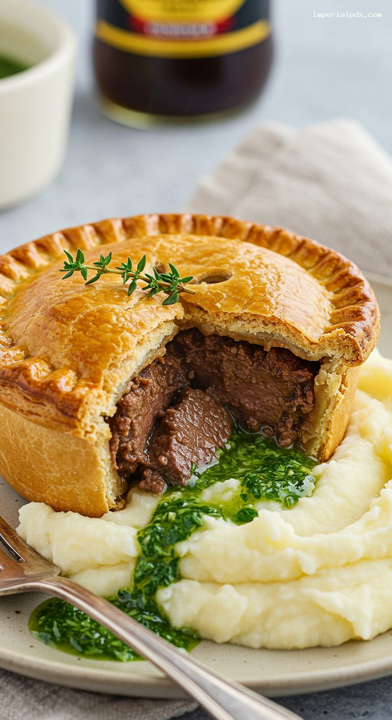 London Pie and Mash with Parsley Liquor Gravy – Closeup