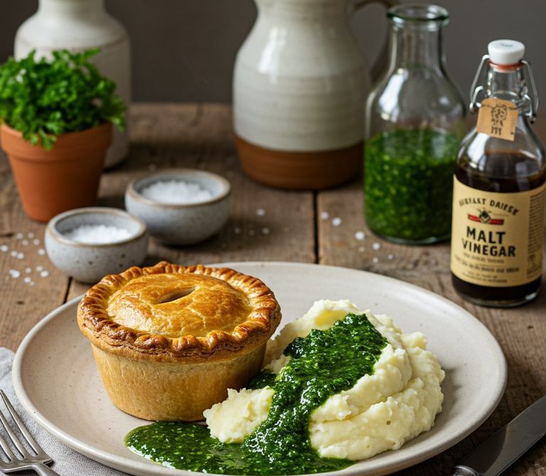 London Pie and Mash with Parsley Liquor Gravy