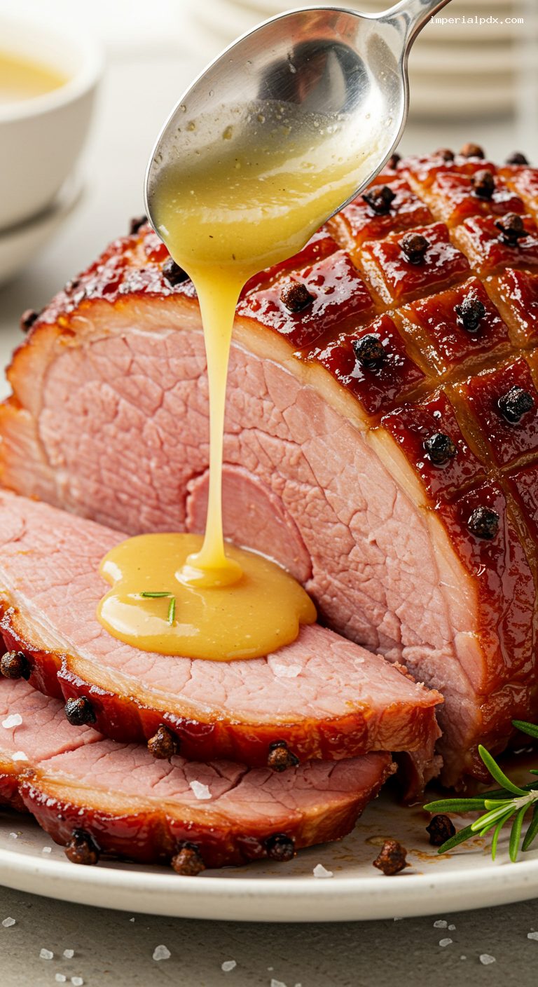 Maple-Bourbon Glazed Spiral Ham with Dijon Cider Gravy – Closeup