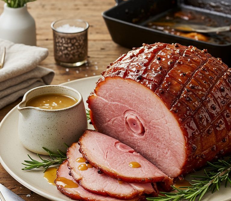 Maple-Bourbon Glazed Spiral Ham with Dijon Cider Gravy