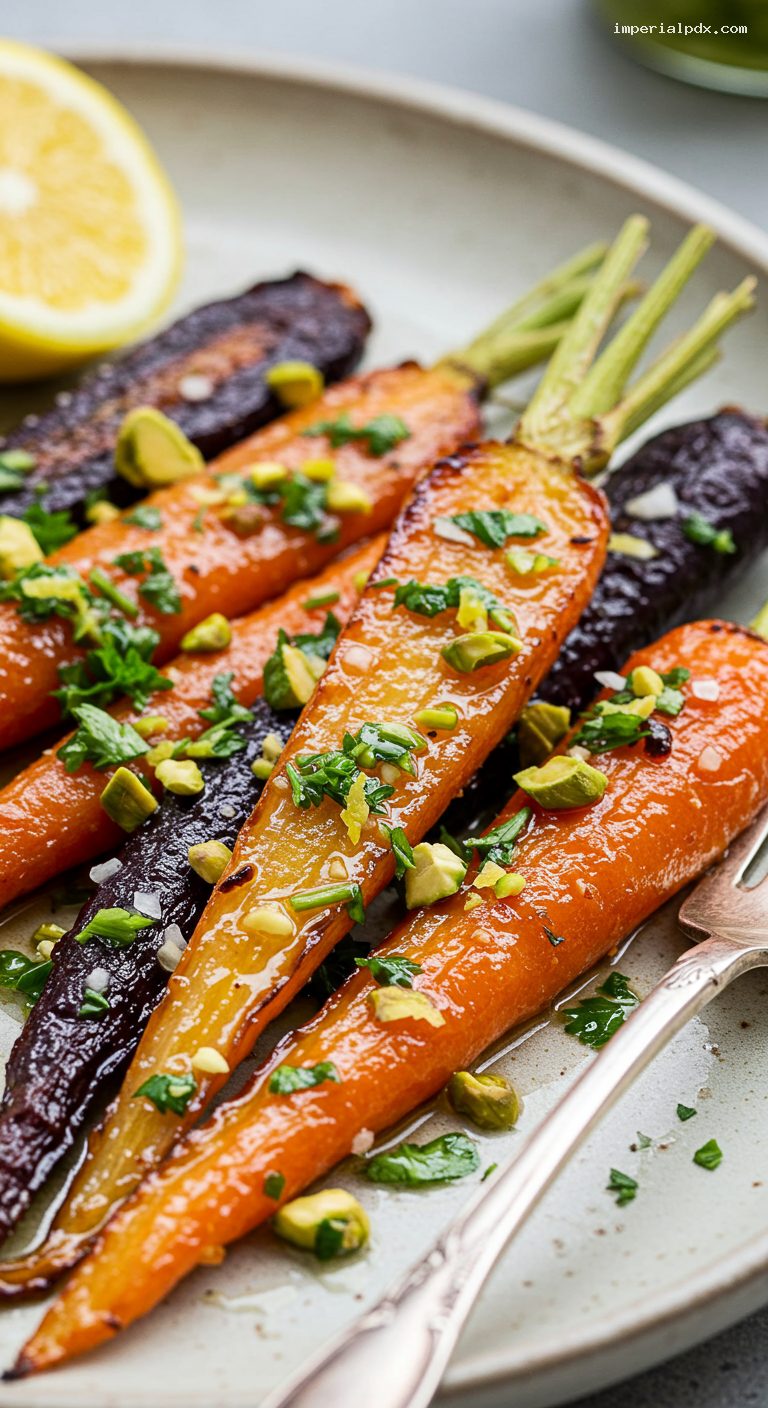 Maple Brown Butter Roasted Rainbow Carrots with Pistachio Gremolata – Closeup