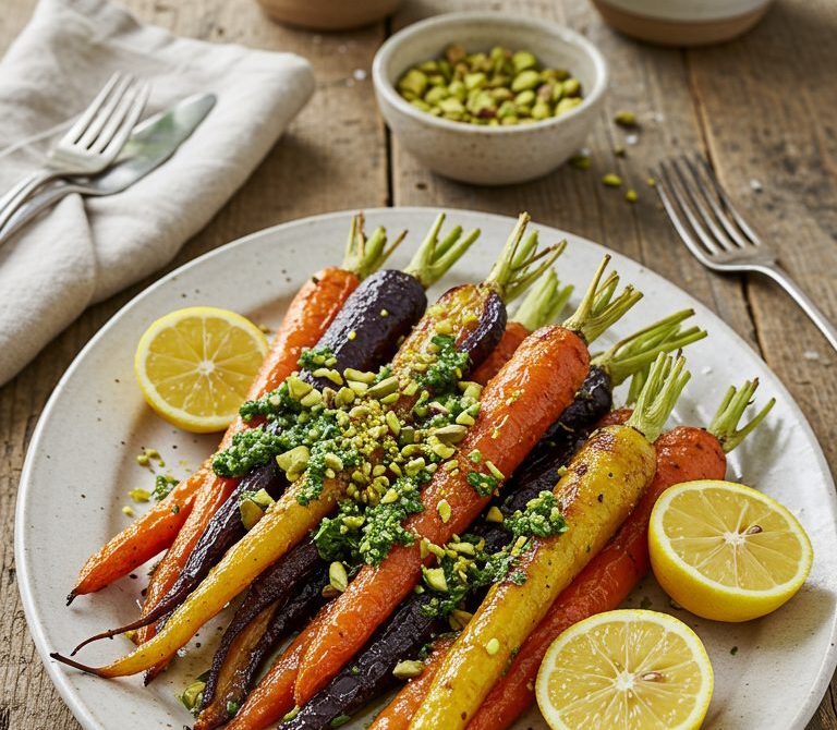 Maple Brown Butter Roasted Rainbow Carrots with Pistachio Gremolata