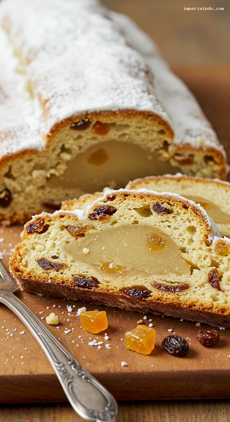 Marzipan-Stuffed German Stollen with Rum-Soaked Fruit – Closeup