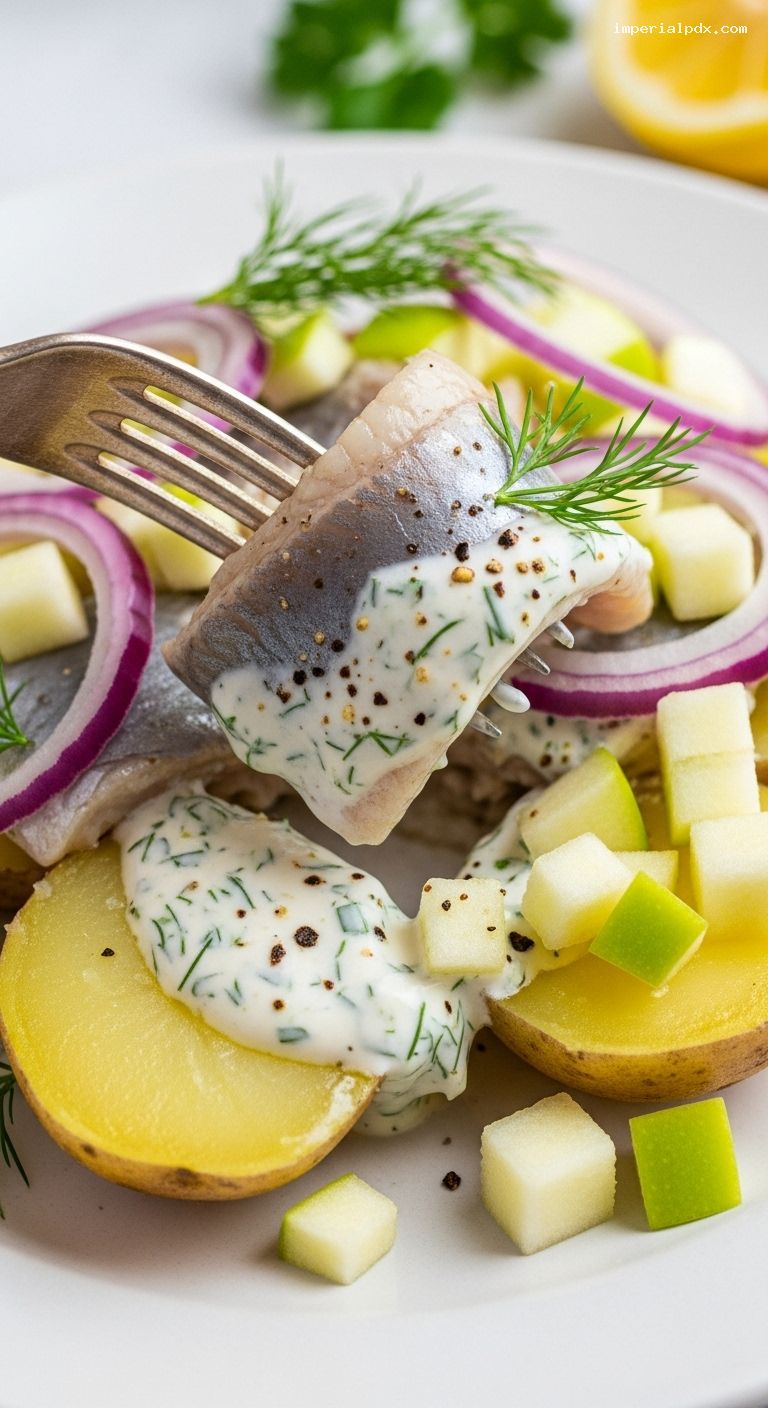 Matjes Hausfrauenart with Apples and Dill Over Potatoes – Closeup
