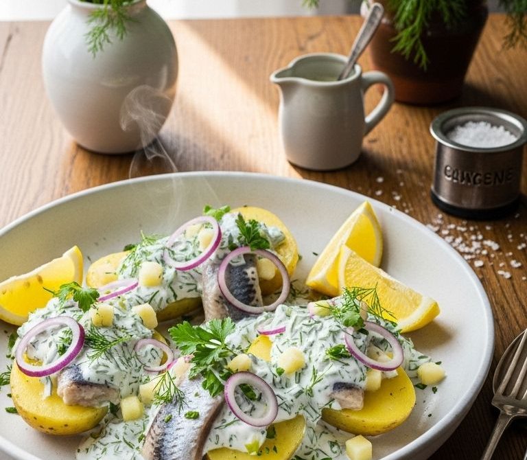 Matjes Hausfrauenart with Apples and Dill Over Potatoes