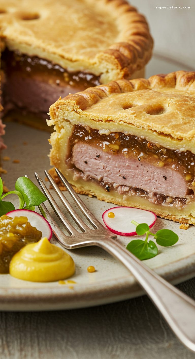 Melton Mowbray Pork Pie with Piccalilli and Salad – Closeup
