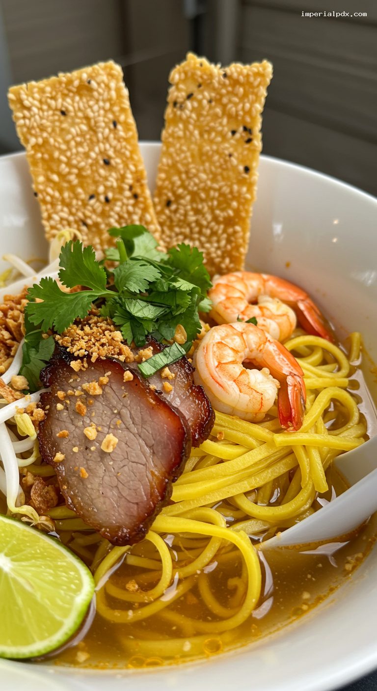 Mi Quang with Shrimp and Pork in Turmeric Broth – Closeup
