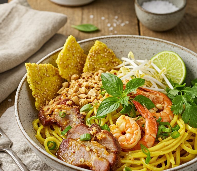 Mi Quang with Shrimp and Pork in Turmeric Broth