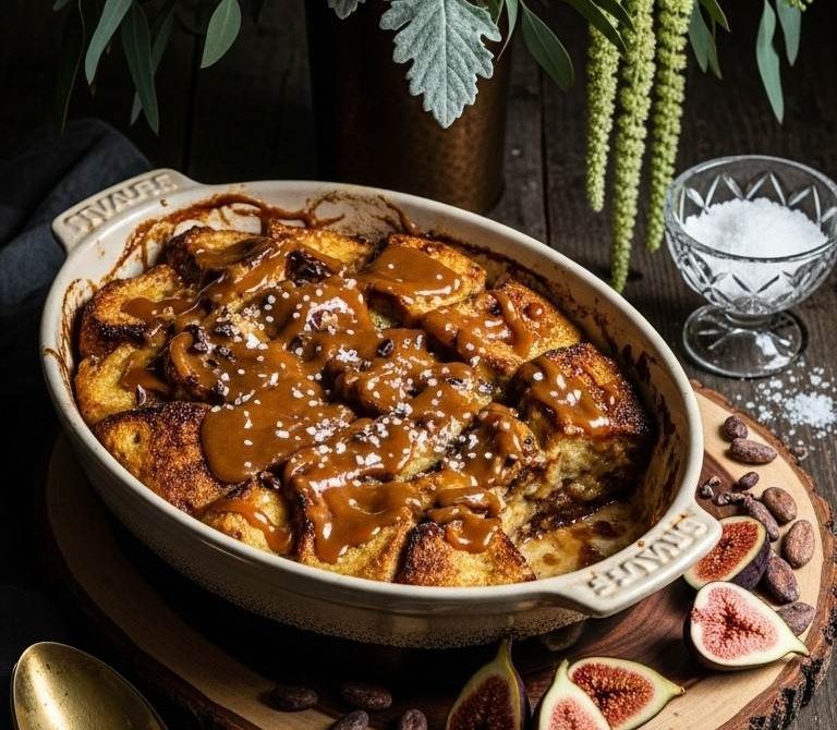 Salted Miso Caramel Bread Pudding with Dark Chocolate