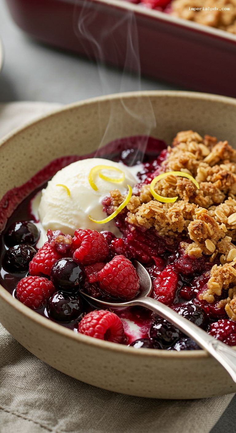 Mixed Berry Crisp with Buttery Oat-Almond Topping – Closeup