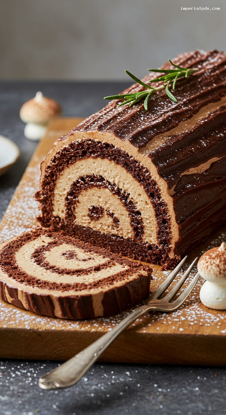 Mocha Bûche de Noël with Meringue Mushrooms – Closeup