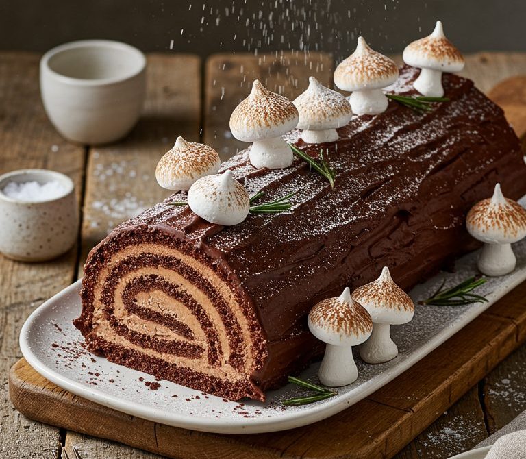 Mocha Bûche de Noël with Meringue Mushrooms