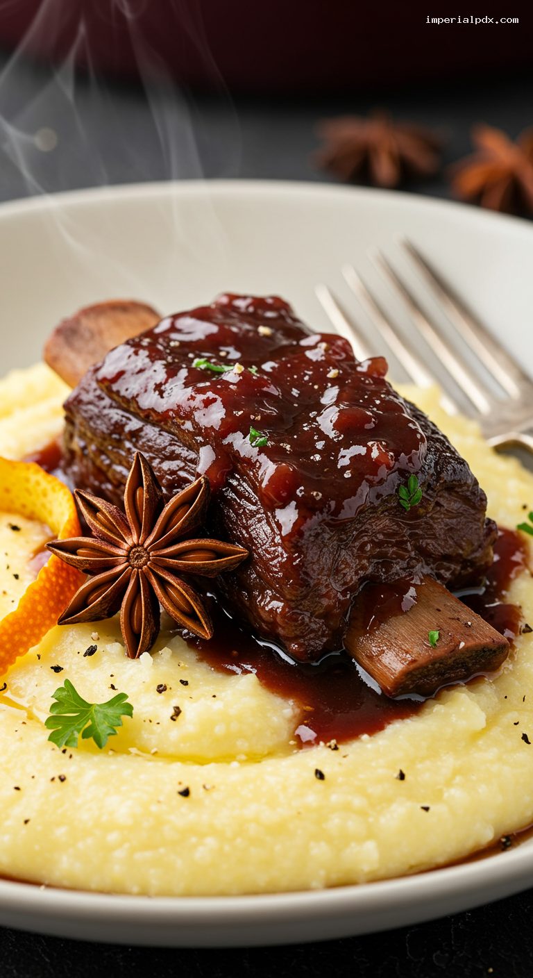 Mulled Wine–Braised Short Ribs with Parmesan Polenta – Closeup