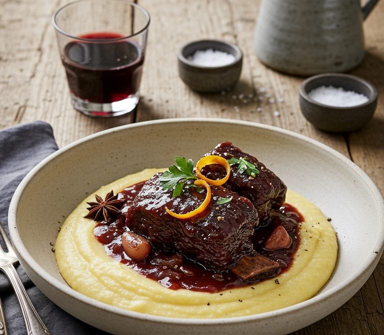 Mulled Wine–Braised Short Ribs with Parmesan Polenta