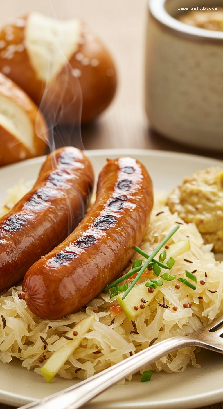 Nuremberg Rostbratwurst with Caraway Sauerkraut and Mustard – Closeup