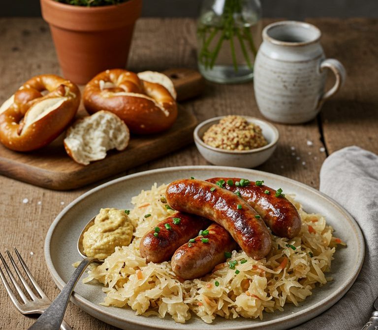 Nuremberg Rostbratwurst with Caraway Sauerkraut and Mustard